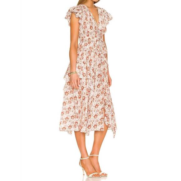 NEW ULLA JOHNSON avia floral v-neck ruffle detail midi dress in red - Picture 2 of 3